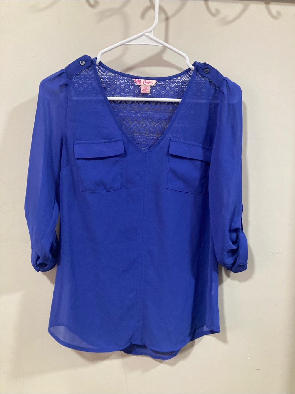 Candie's Cobalt Blue Lace Yoke V-Neck Blouse